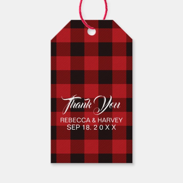 rött buffelstöd för rustiska vinterbröllop presentetikett (Framsidan)