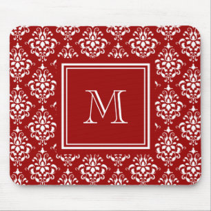 Rött damastast mönster 1 med monogramen musmatta