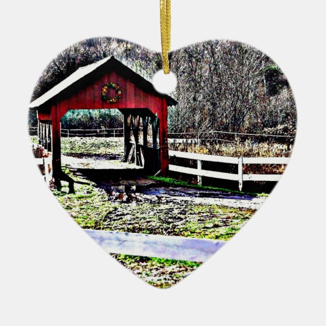 Rött doldt överbryggar landskap julgransprydnad keramik (Framsidan)