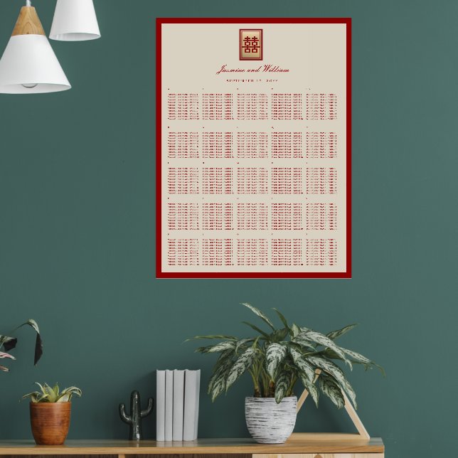 Rött Dubbel Lycka Kinesisk Bröllops Placeringsplan Poster (Vardagsrum 1)