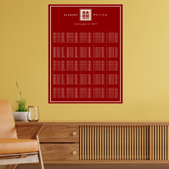 Rött Dubbel Lycka Kinesisk Bröllops Placeringsplan Poster (Vardagsrum 2)