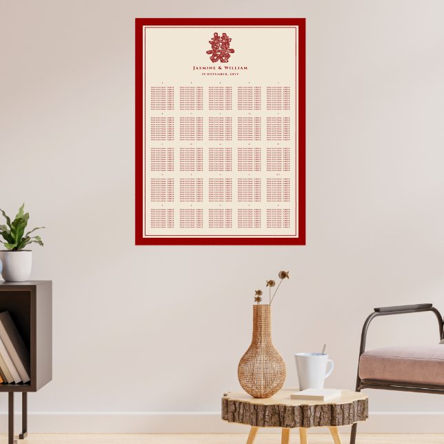 Rött Dubbel Lycka Kinesisk Bröllops Placeringsplan Poster (Vardagsrum 3)