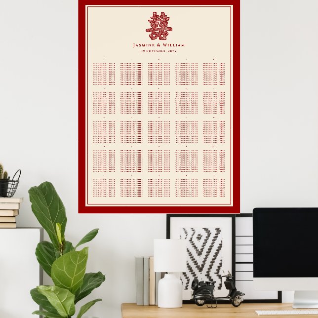 Rött Dubbel Lycka Kinesisk Bröllops Placeringsplan Poster (Hemmakontoret)