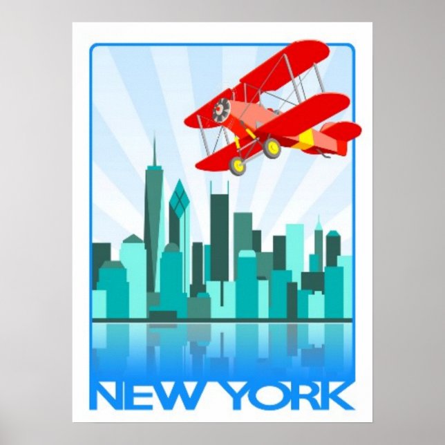 Rött flygplan över New York Retro Design Poster (Framsidan)
