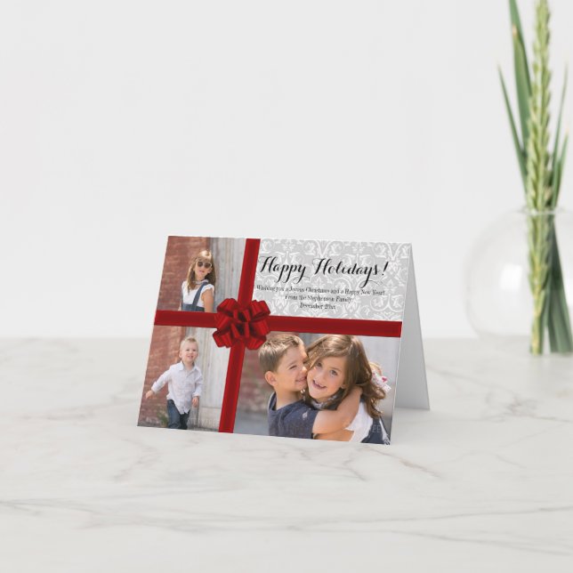 Rött foto för bandpilbågejul helgkort (Framsida)