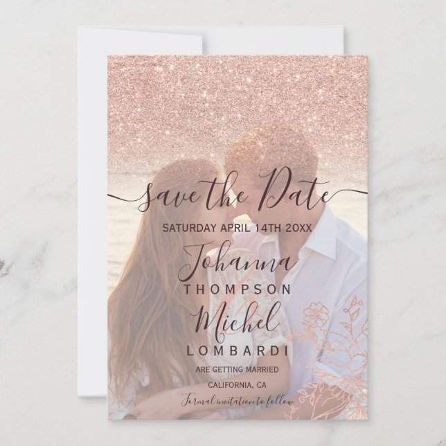Rött foto för blommigten Ro guld glitter spara dat Datumet (Framsida)