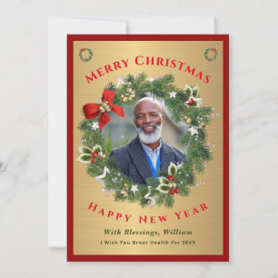 Rött foto för god jul Gott nytt år Guld Julkort