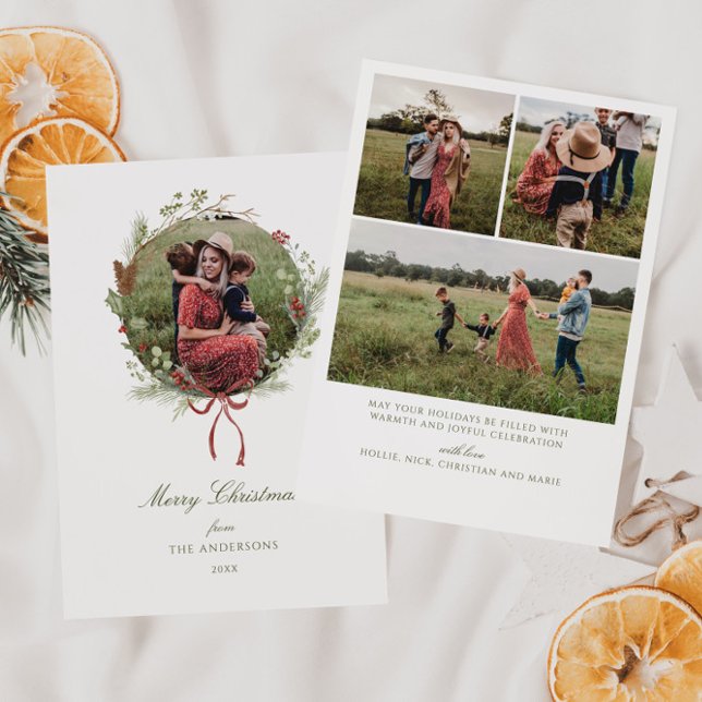 Rött foto för Winter Greenery Wandand Bow Julkort (Skapare uppladdad)