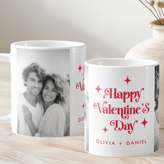 Rött foto från alla hjärtans dag-reflexer kaffemugg (Happy Valentines day retro stars red photo Coffee Mug)