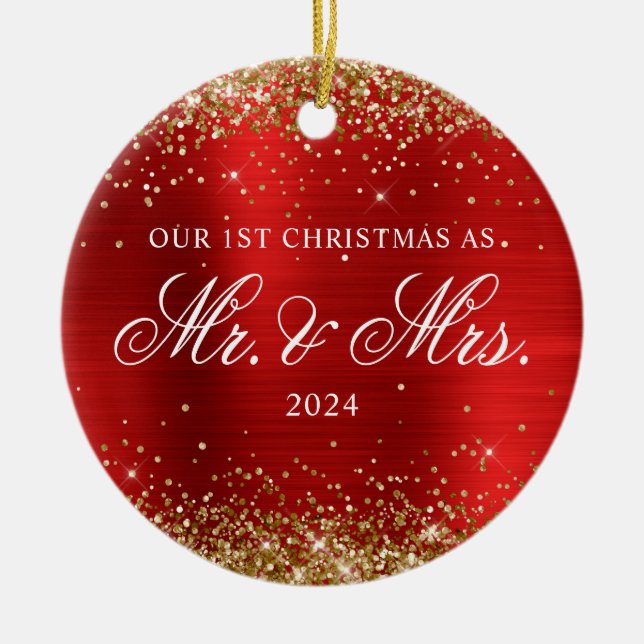 Rött foto från guld Glitter, vårt första julfoto Julgransprydnad Keramik (Framsidan)