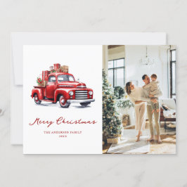 Rött foto-God jul-kort för Watercolor Red Lastbil Julkort