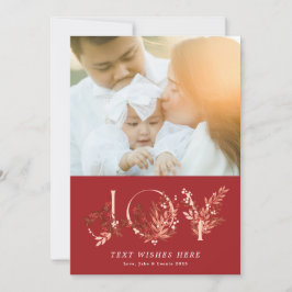 Rött foto-JOY, röd, Blommigt, traditionell jul Julkort