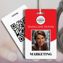 Rött foto logotyp och QR-kod anställds namn 