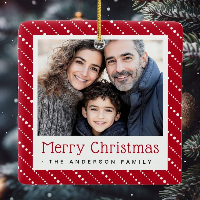 Rött foto på Cute-prickad rand god jul Julgransprydnad Keramik (Cute dotted stripes merry Christmas red photo Ceramic Ornament)