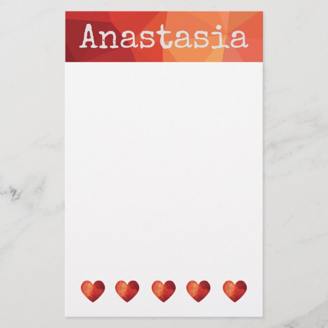 Rött geometriskt hjärta och personlig namn brevpapper (Framsida)