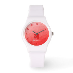 Rött geometriskt nät mönster Monogram Armbandsur