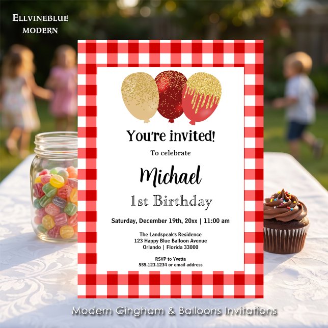 Rött Gingham, Födelsedagsballonger 1-årsdag Inbjudningar (Red gingham balloon invitations! For 1st Birthday or any birthday. Size 5” x 7”.)