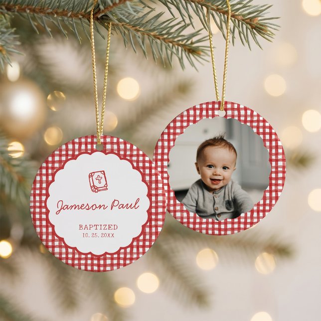 Rött Gingham Foto Dop  Julgransprydnad Keramik (Red Gingham Baptism Photo Ornament)