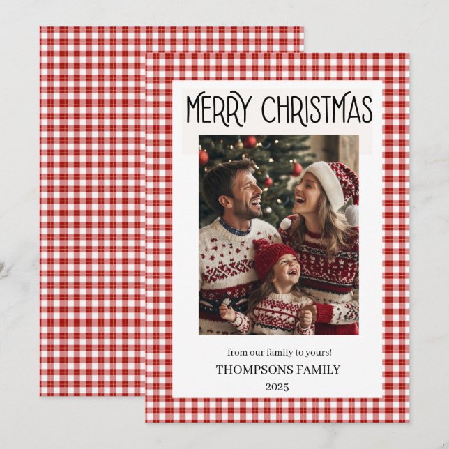 Rött Gingham Holiday Familjefotokort Julkort (Fram/baksida)
