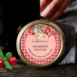 Rött gingham karott Hemlagad tranbärs chutney Runt Klistermärke