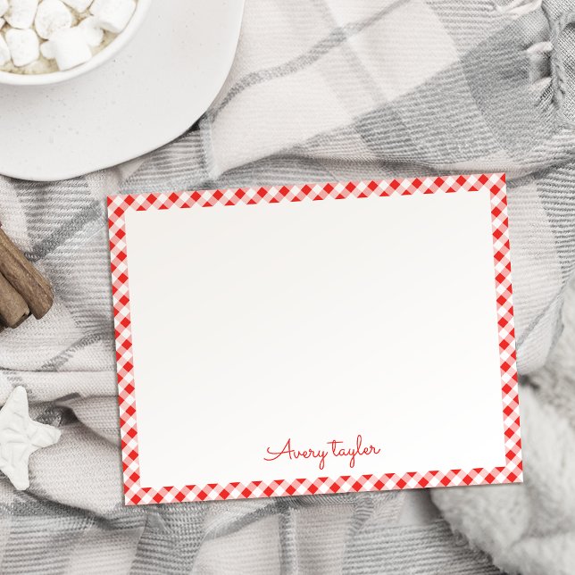 Rött gingham-mönster personlig pappersvaror anteckningskort (Red gingham pattern personalized Stationery Note Card)