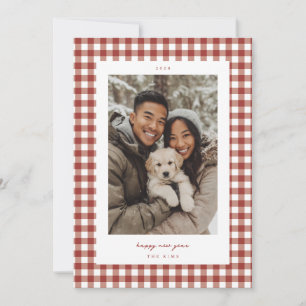 Rött Gingham Nyår Fotokort Julkort