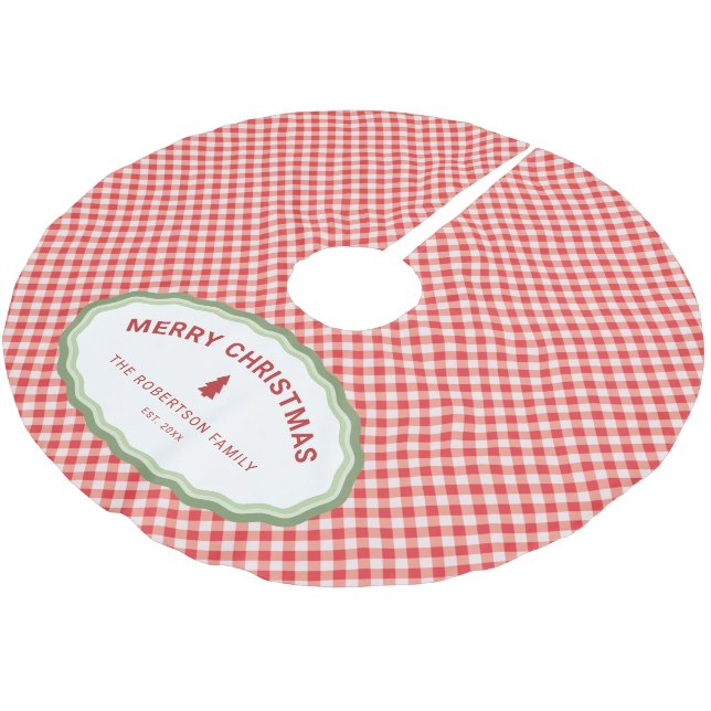 Rött Gingham Personlig God Jul Högtid Julgransmatta Borstad Polyester (Vinklad)