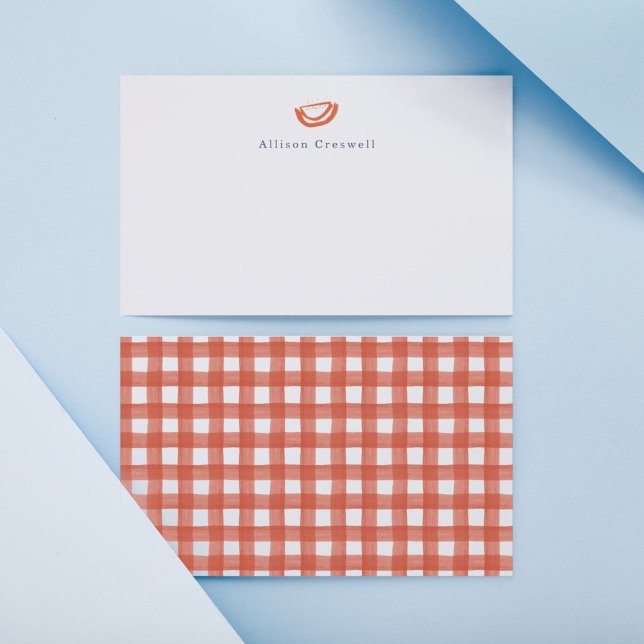 Rött Gingham Picknick Vattenmelon Personligt Brevp Anteckningskort (Red & gingham go together like summer & melons! Notecards for keeping in touch & writing memories.)