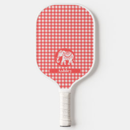 Rött gingham-rutigt med vit elefant och namn