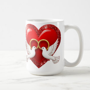 Rött glitterhjärta med sammanflätade vigselringar kaffemugg