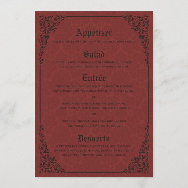 Rött gotiic Victorian Damask Wedding Menu-kort Meny (Framsida)
