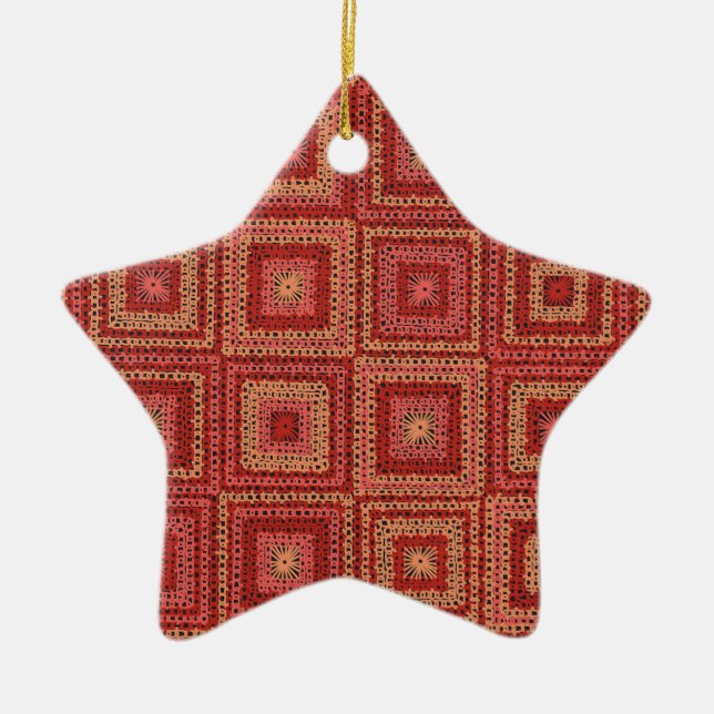 Rött Granny Square-mönster Julgransprydnad Keramik (Framsidan)