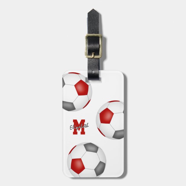 rött grått, vitt fotbollslag, monogrammat bagagebricka (Vertikal Framsida)