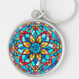 Rött Guld Blue Mandala Stached Glass Rund Silverfärgad Nyckelring