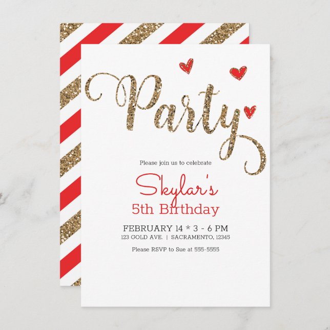 Rött & Guld Glitter Hjärtan Valentines Day Fest Inbjudningar (Fram/baksida)