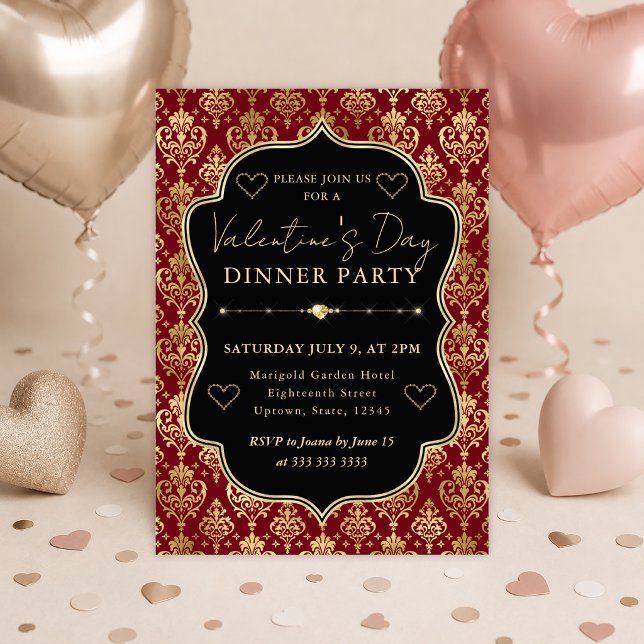 Rött & Guld Hjärt-Damask Valentine Middagsparty Inbjudningar (Skapare uppladdad)