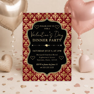 Rött & Guld Hjärt-Damask Valentinsdags Middag Inbjudningar