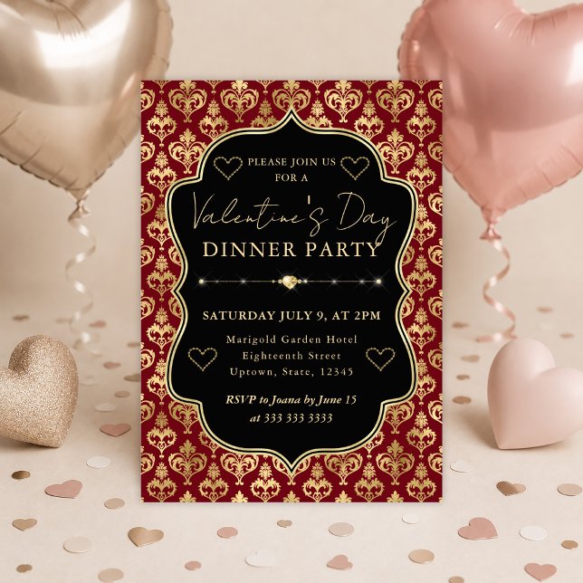 Rött & Guld Hjärt-Damask Valentinsdags Middag Inbjudningar (Skapare uppladdad)