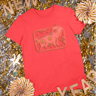 Rött Guld Lunar Nyår Gris Kinesisk Zodiak T Shirt
