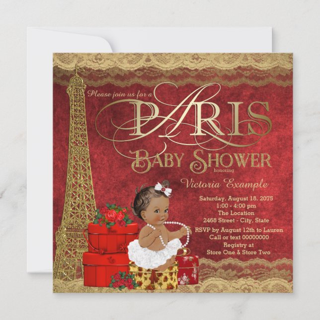 Rött Guld Paris Etnisk Tjej Baby Shower Inbjudningar (Framsida)