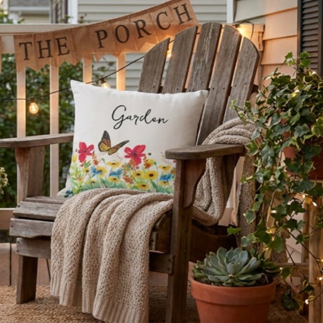 Rött Gult och Blått Blommotiv med Fjäril  Kudde (add ambiance to your outdoor space with a floral created throw pillow )