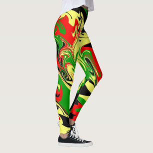 Rött, gult, svart och grönt virvlar runt leggings