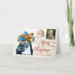 Rött hälsningkort för god jul 3-Photo & vit Helgkort