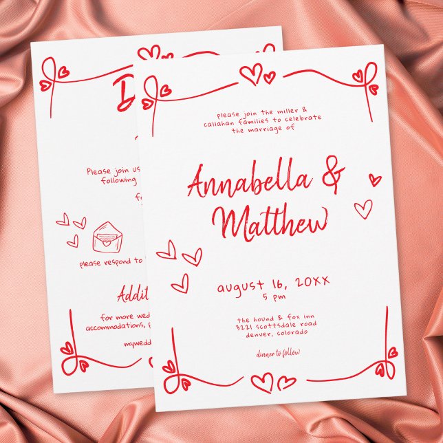 Rött Handritat Hjärta Whimsical Modern Bröllop  Inbjudningar (Red Hand Drawn Heart Whimsical Modern Wedding Invitation)