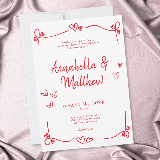 Rött Handritat Hjärta Whimsical Modern Bröllop  Inbjudningar (Red Hand Drawn Heart Whimsical Modern Wedding Invitation)