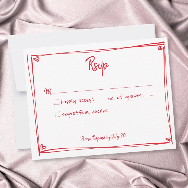 Rött Handritat Hjärta Whimsy Modern Bröllop  OSA Kort (Red Hand Drawn Heart Whimsical Modern Wedding RSVP Card)