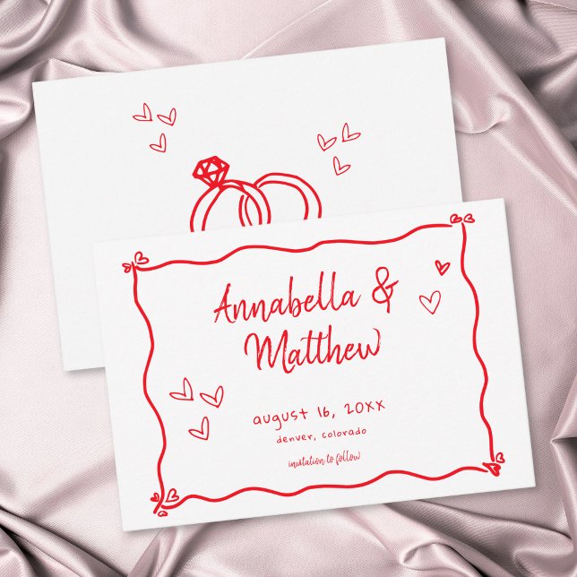 Rött Handritat Hjärta Whimsy Modern Bröllop  Spara Datumet (Red Hand Drawn Heart Whimsical Modern Wedding Save The Date)