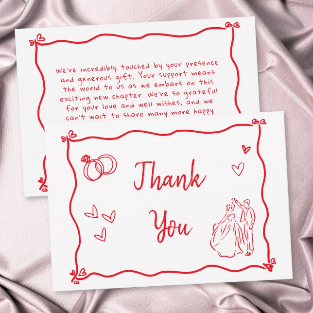 Rött Handritat Hjärta Whimsy Modern Bröllop Tack Kort (Red Hand Drawn Heart Whimsical Modern Wedding Thank You Card)