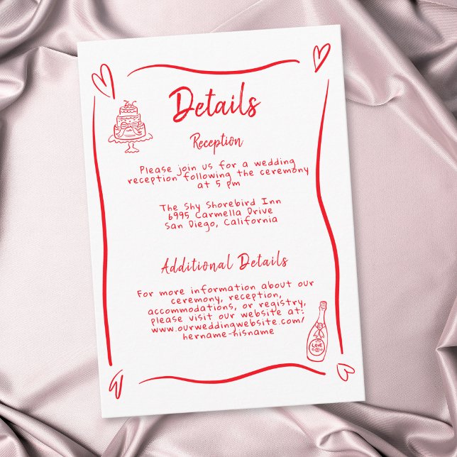 Rött Handritat Hjärta Whimsy Modern Bröllop Tilläggskort (Red Hand Drawn Heart Whimsical Modern Wedding Enclosure Card)