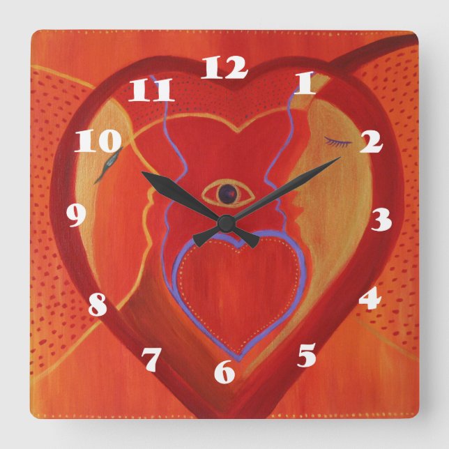 Rött Heart Insider Square Wall Clock Fyrkantig Klocka (Framsida)